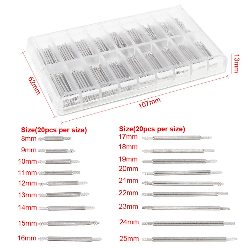 Juego de barras de resorte de correa de reloj, pasadores de enlace de correa, Kit de reparación de eje con eje de acero inoxidable para reparación de reloj, 8-25mm, 1 Juego