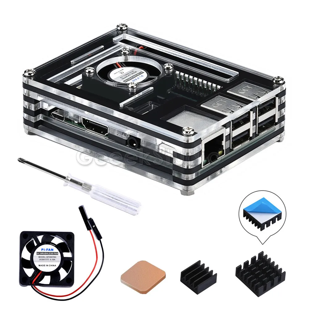 Raspberry Pi 3B+ Plus/ 3B Acrylic Plastic Black &Transparent Case with Fan Optional 5V 3A Power Adapter Shell Heatsink Heat Sink