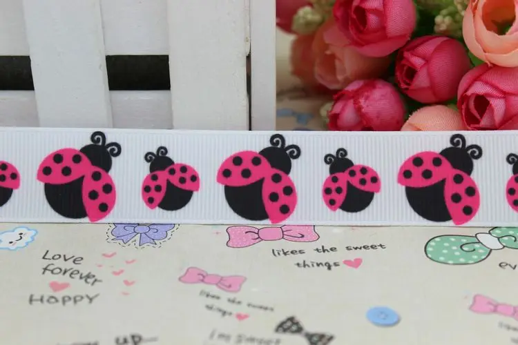 DHK 7/8'' 5yards ladybug printed grosgrain ribbon hair bow diy party decoration OEM Wholesale 22mm C684