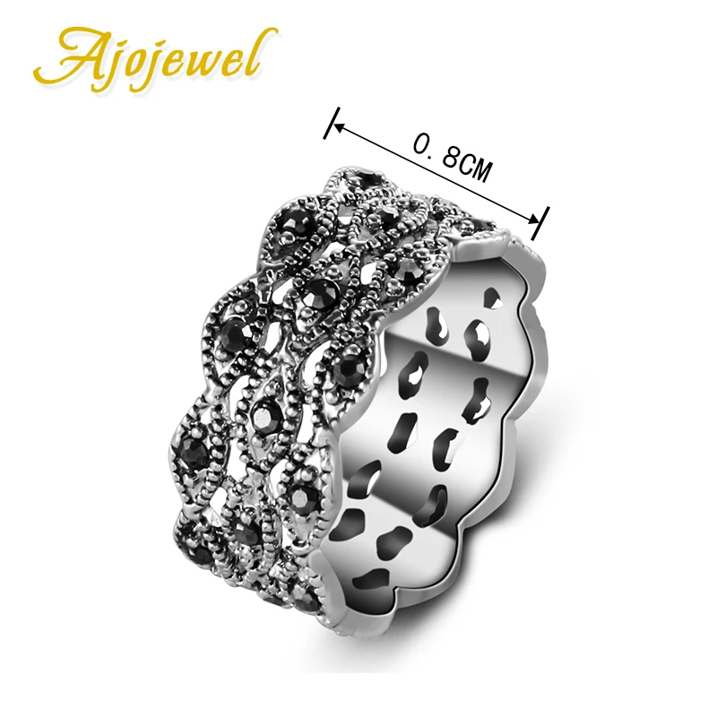 Ajojewel 3 Layer Rhinestone Ring Black Women Band Jewelry Vintage Items Collection Bague Bijouterie