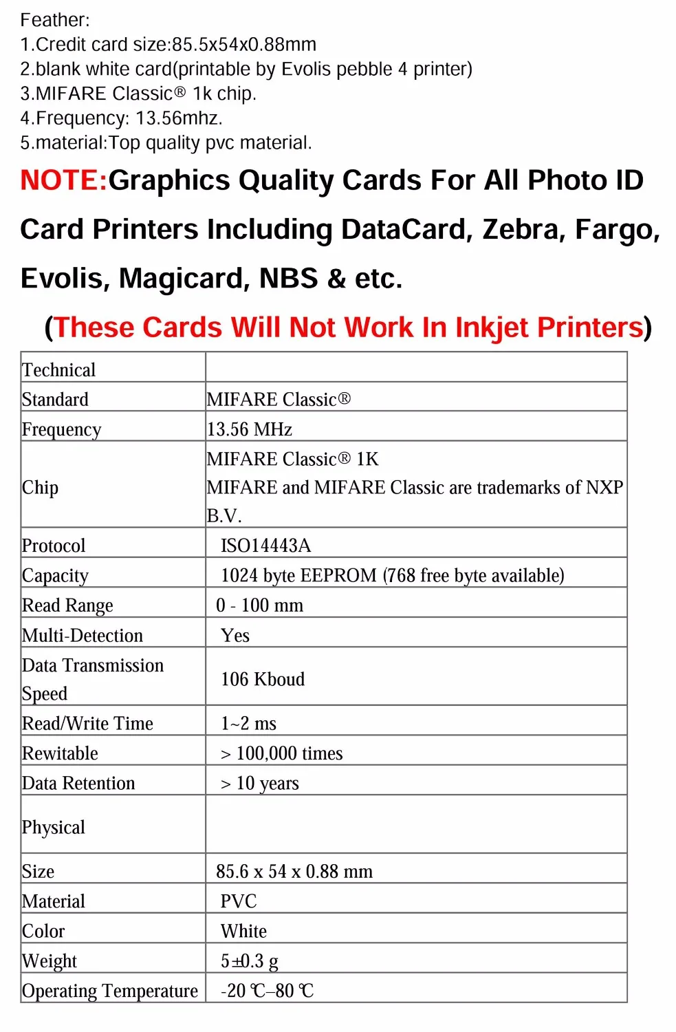 MIFARE Classic 1K карта ISO14443A 13,56 МГц RFID работает с RC522 Arduino - 10 шт.