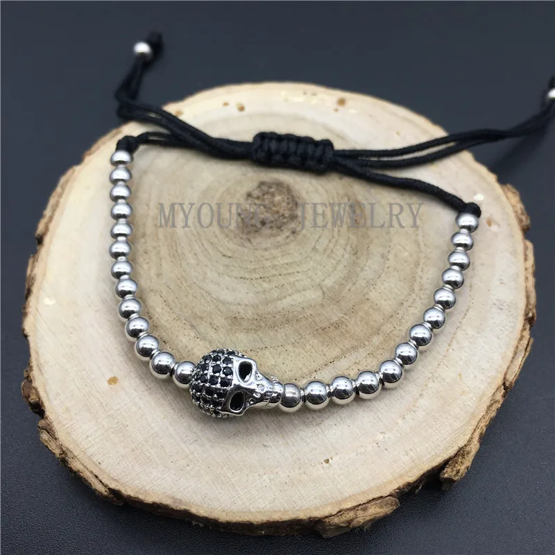 MY1244 Micro Paved CZ Zircon Skull Bead and 4mm  Advanced Plated Round beads and Adjustable Rope Chain Bracelet Jewelry