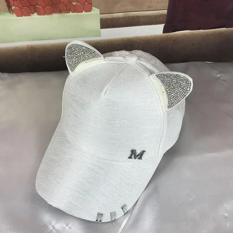 New meow Women\'s Summer fall black white Pink hat Cat ears Cat Baseball cap with rings and lace Diamond cute girl hat