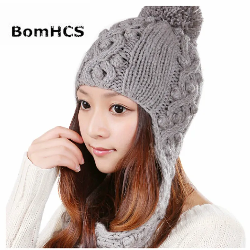 BomHCS Solid Color Hollow Winter Women Warm Ear Muff Knitted Hat Collar Scarf Beanie Hat Cute Handmade Crochet Knit Skully Cap