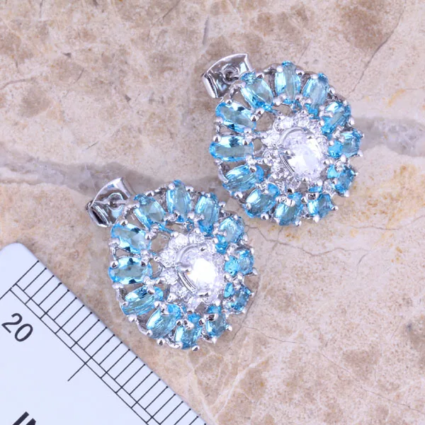 Lovely Sky Blue Cubic Zirconia White CZ Silver Plated Jewelry Sets Earrings Pendant Ring Size 6 / 7 / 8 / 9 / 10 S0426