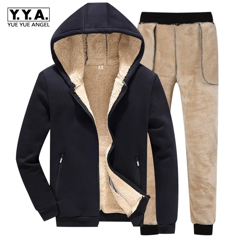 Winter Men Hooded Jackets Woolen Lining Warm Male Tracksuit Full Length Sweatpants Set Suit Casual Large Size M-4XL Sweatsuits