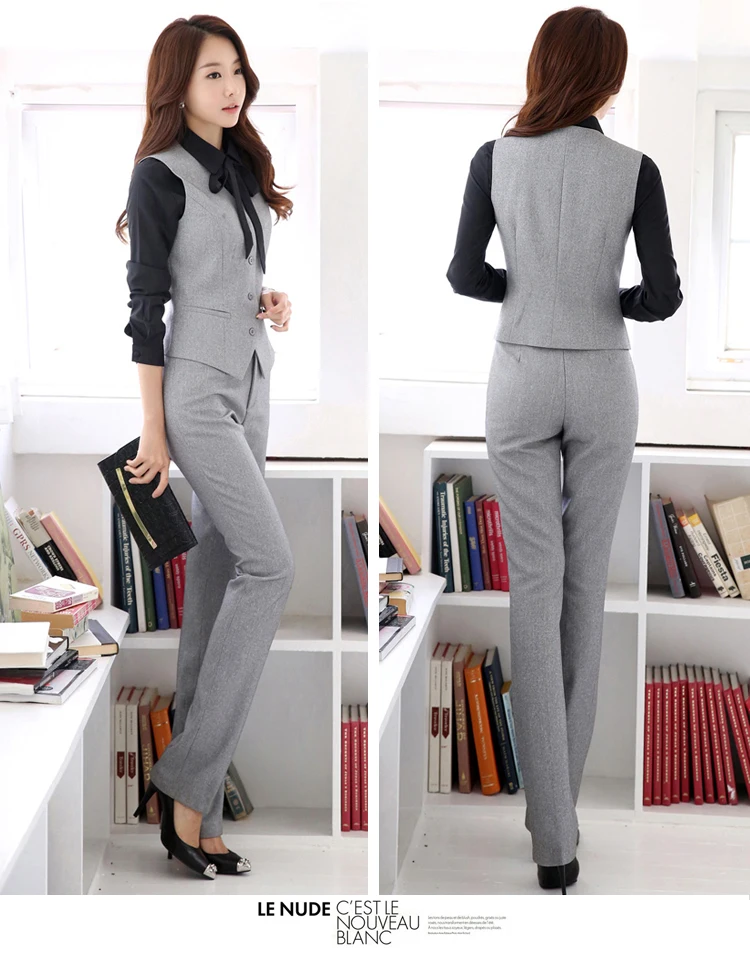 IZICFLY Spring Summer Style Gray Waistcoat And Pants Set For Woman Suits Lady Suit Office Vest Elegant Slim Business Formal Wear