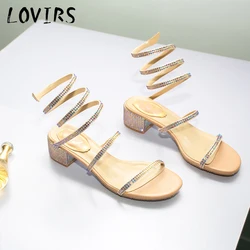 Lovirs Modo Delle Donne Chunky Block Tacco Dell'involucro Della Caviglia di Strass Oro Sandali Comfort Pantofole