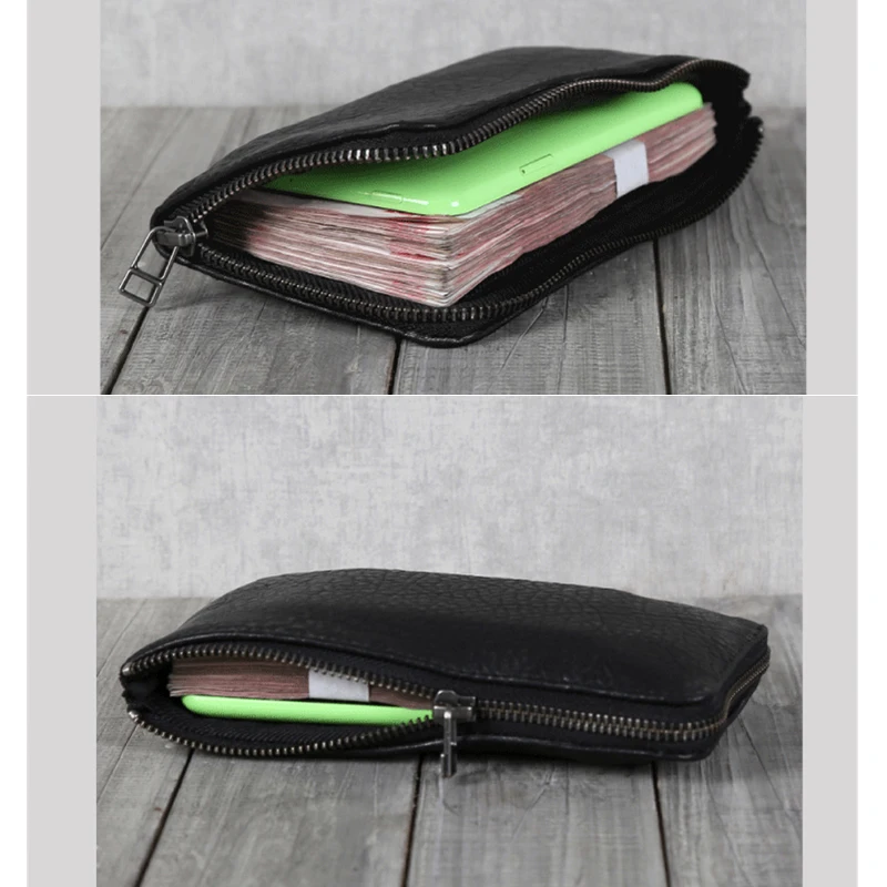 Zipper Long Wallet Men Genuine Leather Luxury Handmade Sheepskin Ladies Casual Cell Phone Purses Simple Big Capacity Clutch Bag