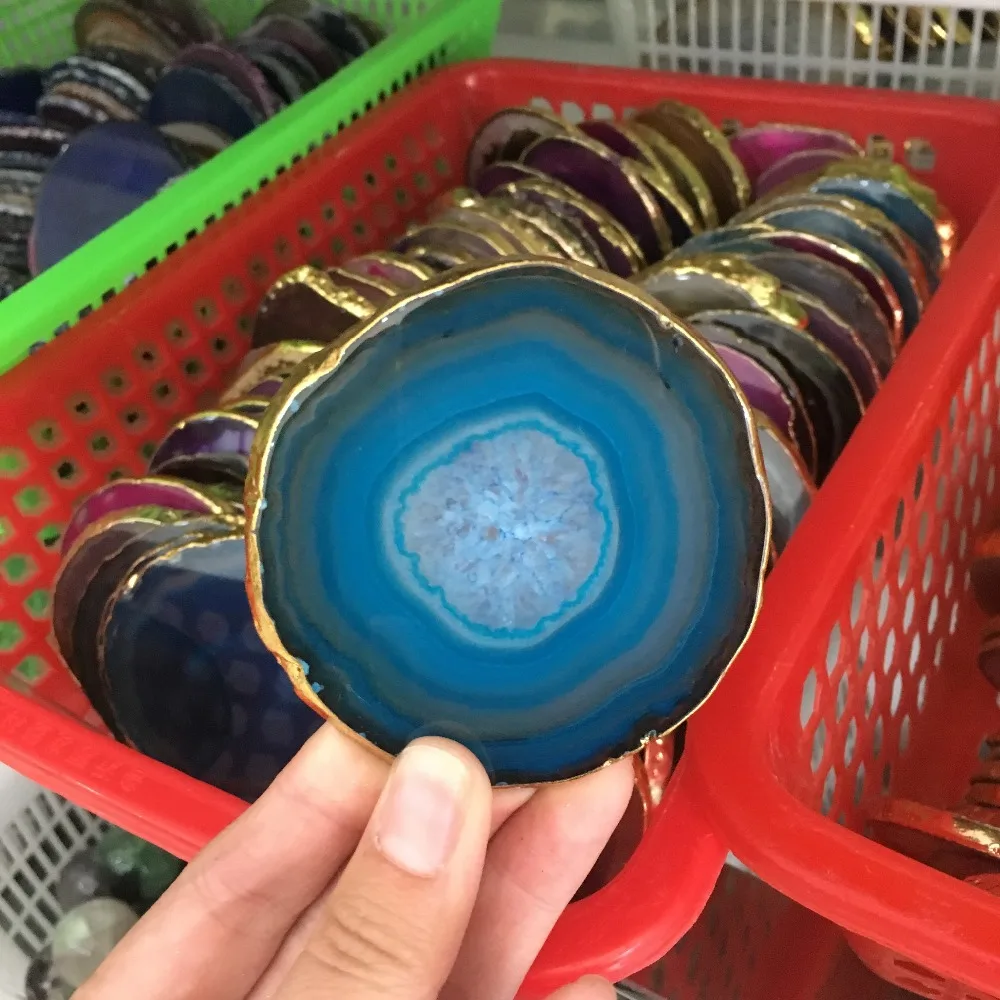 1pcs natural agate Geode piece insulated coasters crystal board jade agate coasters with gold-plated lace mineral trim