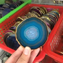 1pcs natural agate Geode piece insulated coasters crystal board jade agate coasters with gold-plated lace mineral trim