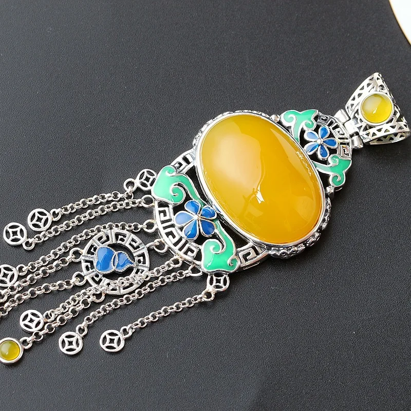 

Retro Thai Silver Wholesale S925 Sterling Silver With Natural Yellow Chalcedony Tassel Pendant Vintage Ruyi Women Silver Pendant