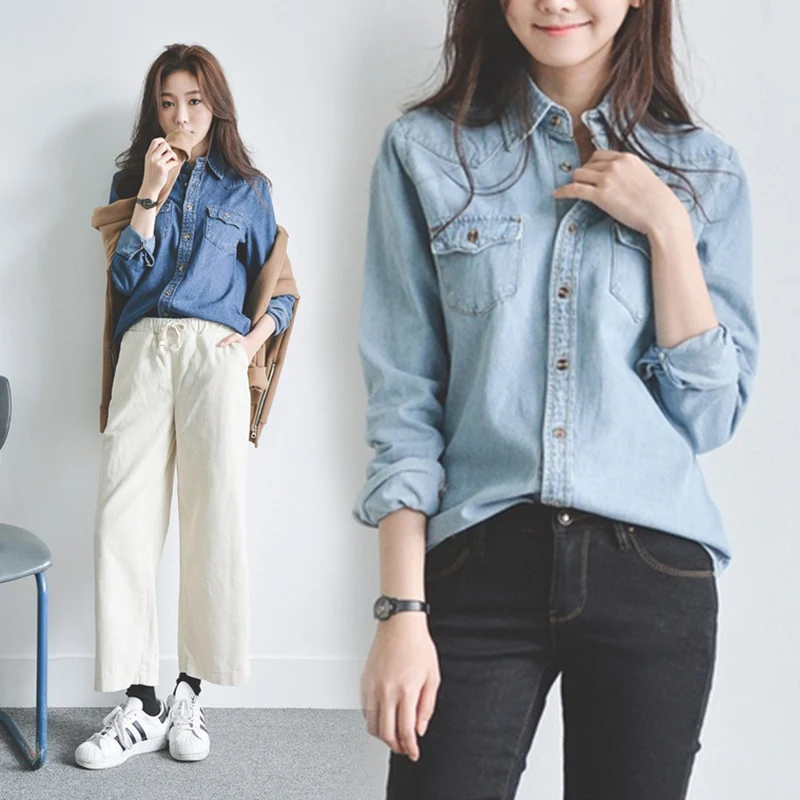2019 Spring Autumn New Long-Sleeved Denim Shirt Female Fashion Slim Denim Shirt Tops Office Female Clothing XZ461