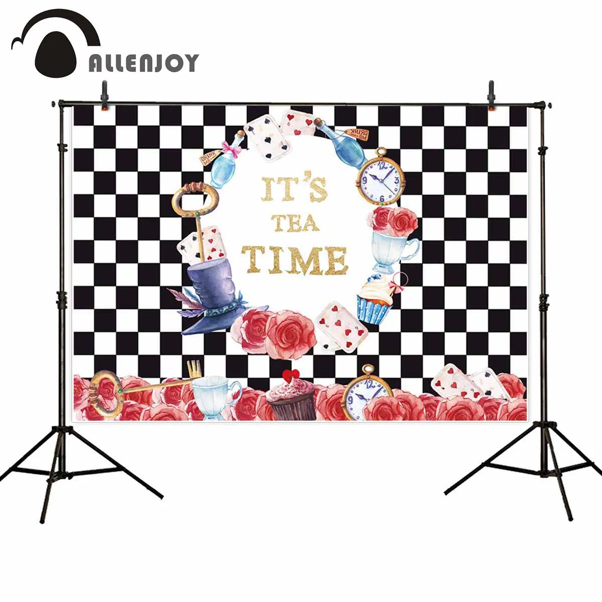 Allenjoy photographic background Black and white lattice Alice wonderland party backdrops photography photocall for the photo