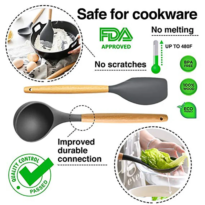 WALFOS Food Grade Silicone Wood Handle Cooking Utensils Cookware Kitchen Cooking Tools Spatula And Ladle Kitchenware