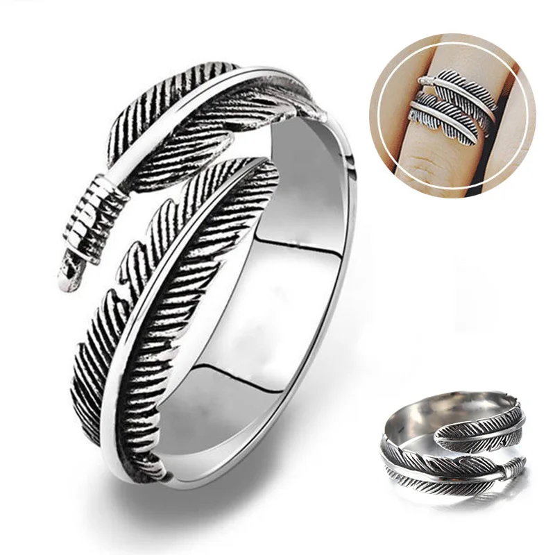 QIANXU Drop Shipping Titanium Steel FEATHER WRAP RING Jewelry Thai Silver Color Open Ring Fits All