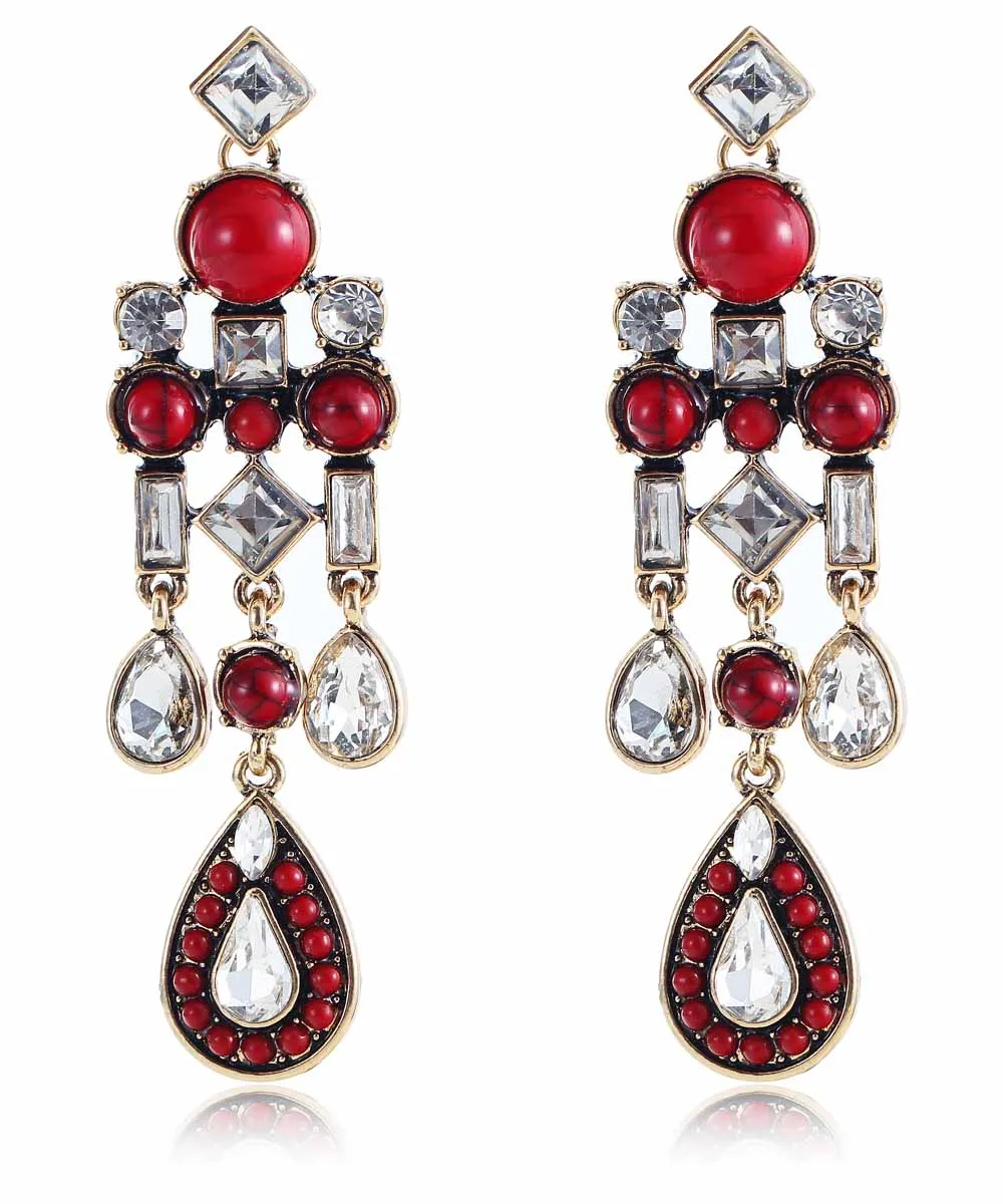 YaYi White Glass Rhinestone Red Kallaite Beads Dangle Earring Women's Fashion Ancient Gold Earrings gems Earrings For Women Girl