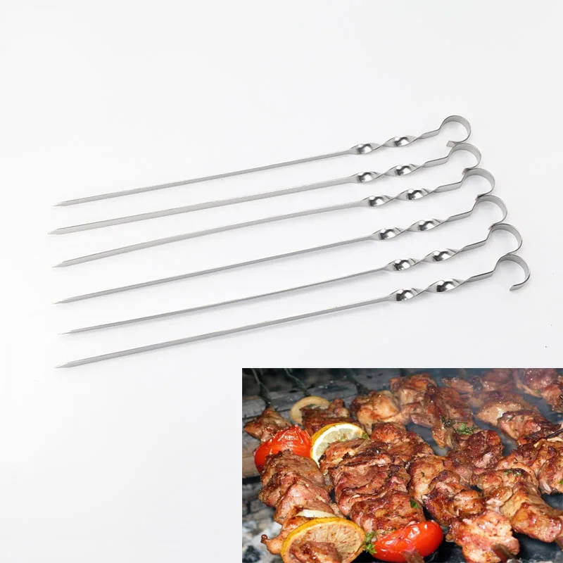 High Quality 6pcs Flat BBQ Skewers Metal Kebob Skewers w/ Ring Handle 45cm (17.5'') Long Barbecue Fork Churrasco Free shipping