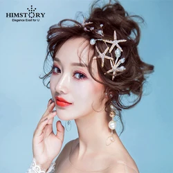 HIMSTORY New Starfish Hair Jewelry Pearl Rhinestone Tiaras Headbands Handmade Bridal Wedding Women Hair Accessories