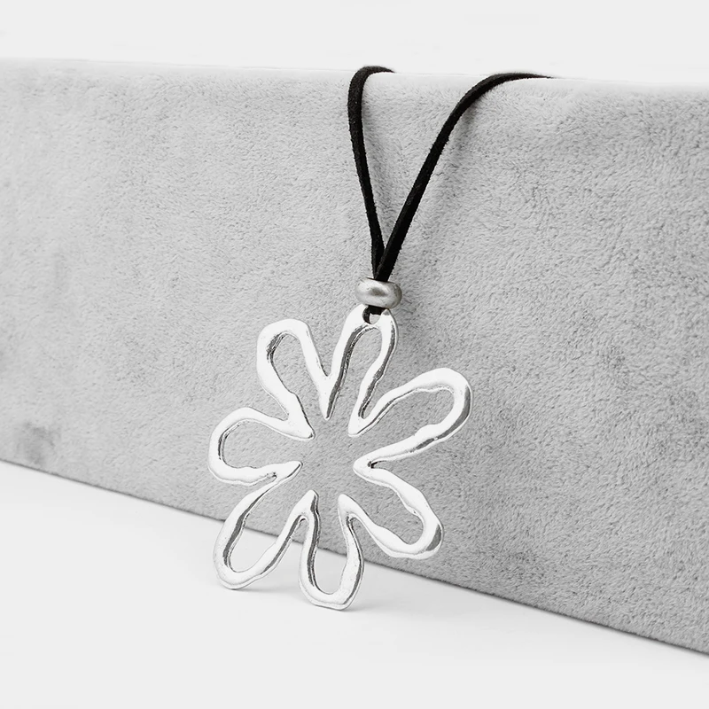 

Tibetan Silver Abstract Large Hollow Flowers Charms Pendant Necklace With Black Faux Suede Cord Long Necklace Handmade Jewelry