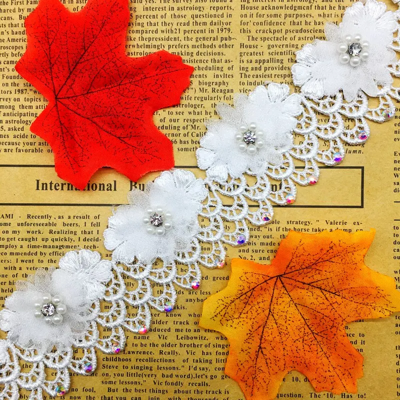 

GXINUG 1 Yard White Pearl Daisy Flower Diamond Mesh Embroidered Lace Trim Ribbon Double Layered Applique Dress DIY Sewing Craft