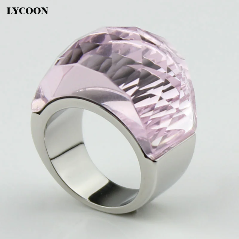 Hot!! LYCOON Latest Fashion Jewelry big crystal Rings 316L Stainless steel with transparent pink crystal ring for women R0614