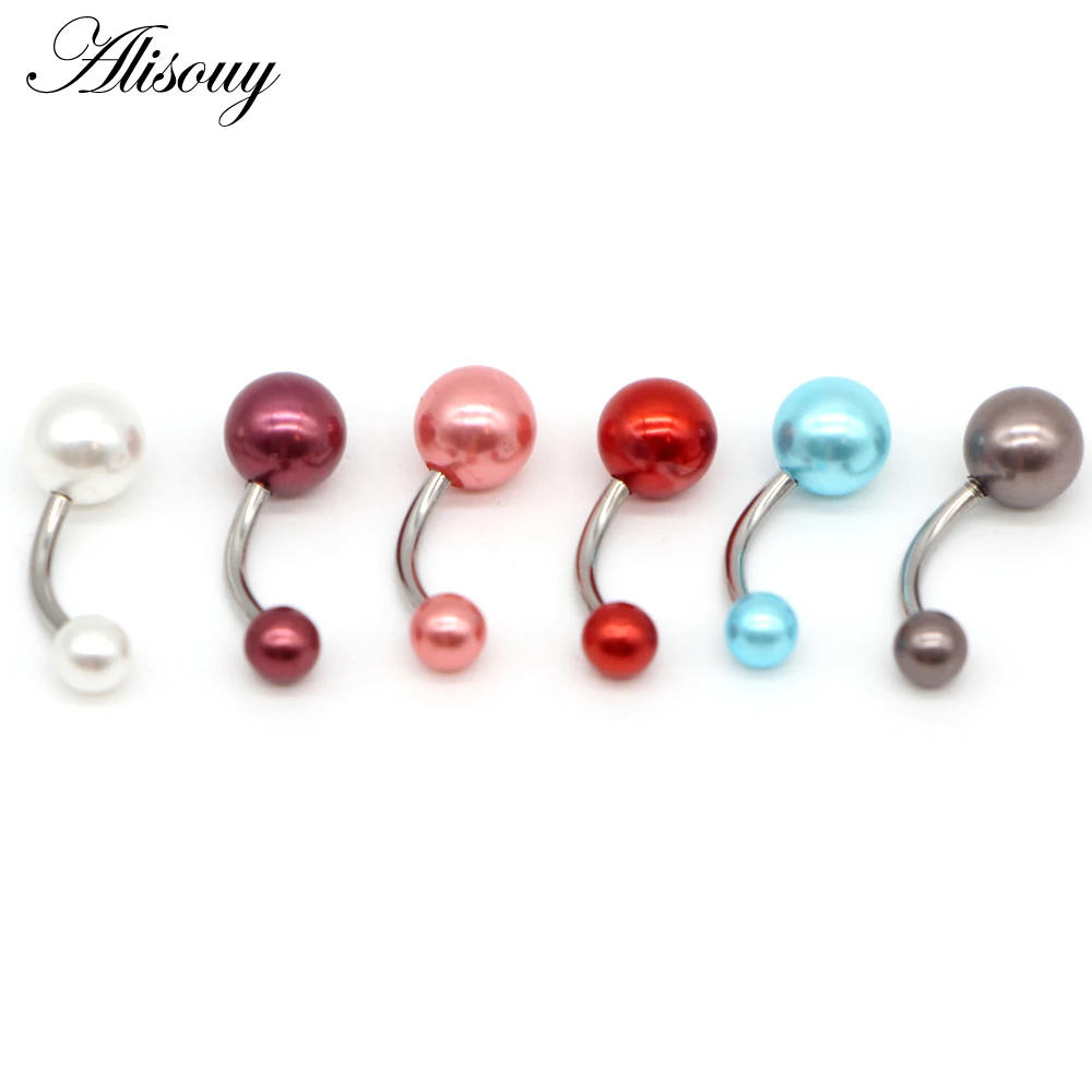 Alisouy 1Pcs Imitation Pearl Many Colors Choose Body Piercing Jewelry Navel Belly Button Rings 14G Tragus Ear Eyebrow Bar