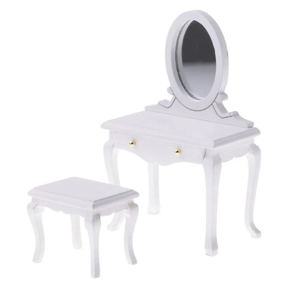 Iland Dollhouse Miniature Furniture Bedroom Wooden Vanity Box With Mirror Dressing Table And Stool For Doll House Deco Model Toy