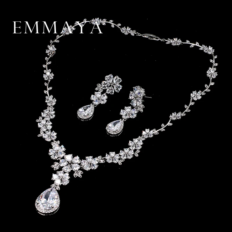 Emmaya Hot Selling Bride Classic AAA Zircon Flower Necklace Earrings Set Luxury Wedding Jewelry Sets for Women Accessories