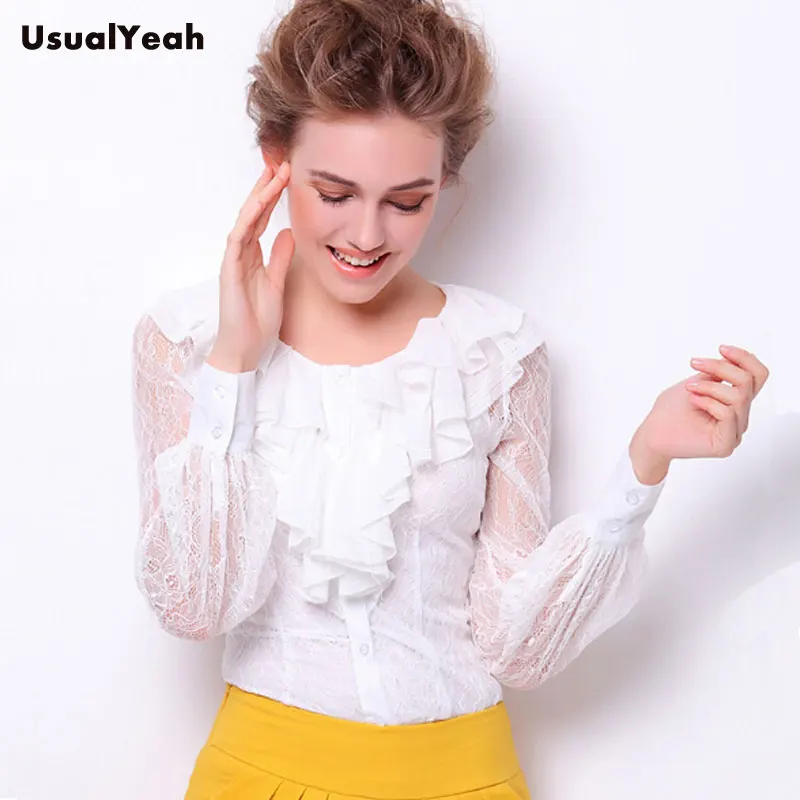 New  Elegant Women\'s Lace Body Shirt Long Sleeve Work Wear Top Ruffled neck Patchwork Blouse with vest 5 Colors M-XXL SY0271