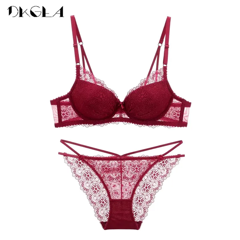 Super Gather Fashion Black Underwear Women Bra Set Push Up Brassiere Cotton Thick Deep V Sexy Bras Lace Lingerie Sets Embroidery