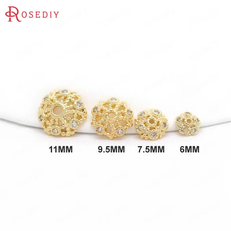 (B039)6 pieces 6mm 7.5mm 9.5mm 11mm Brass with Zircon High Quality Gold Color Plated Bead Caps Jewelry Findings Accessories