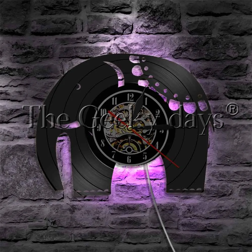 

African Walking Elephant Mammal Decorative Lighting Vinyl Record Wall Clock Modern Wall Lamp Wildlife LED Night Light