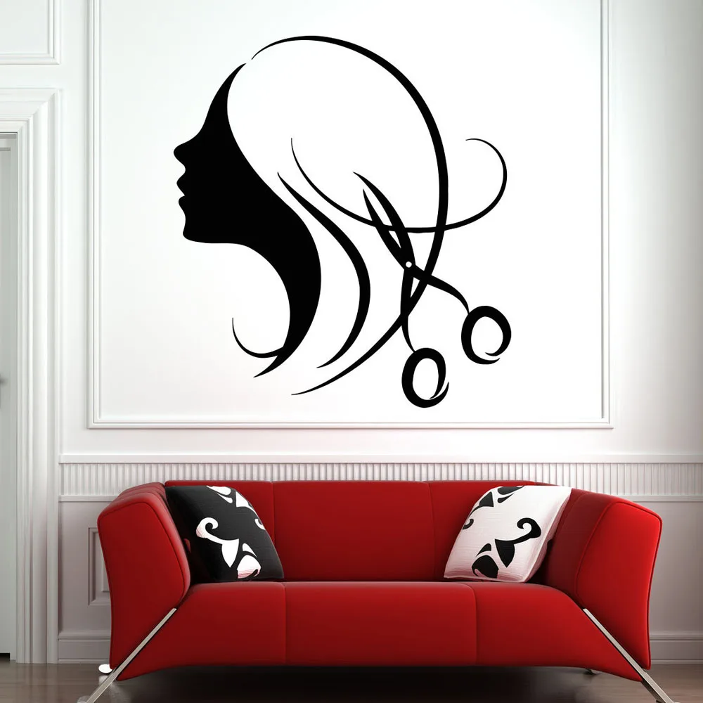 

Красота женская Парикмахерская ножничная Настенная Наклейка для комнаты с контрастным изображением лица девушки Водонепроницаемый Съемный рисунок B062