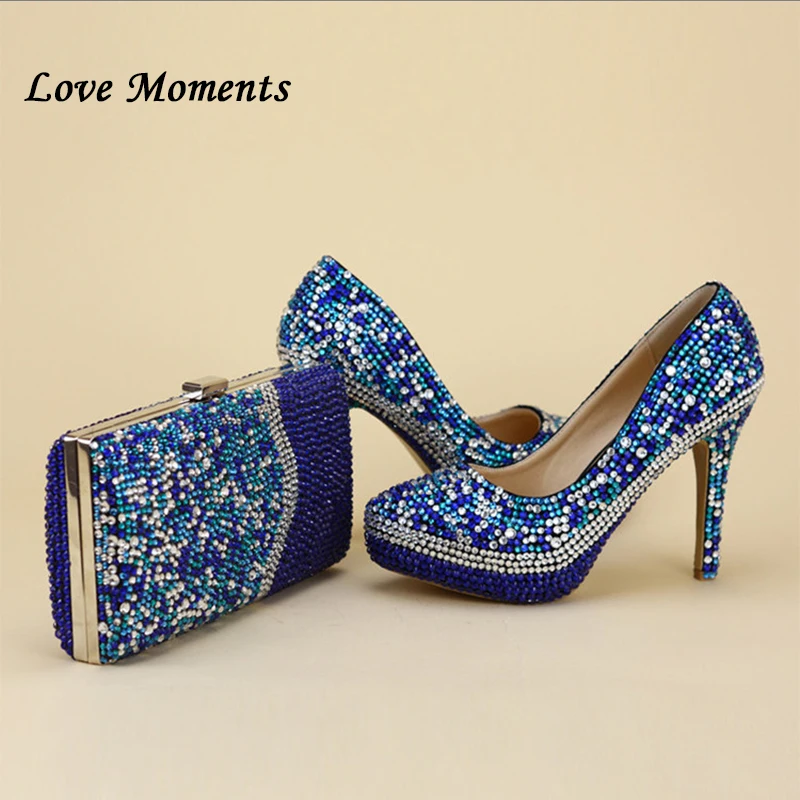 Royal Blue Multicolor Crystal wedding shoes with Macthing bags Ladies Fashion shoes and bag set High platform shoes woman