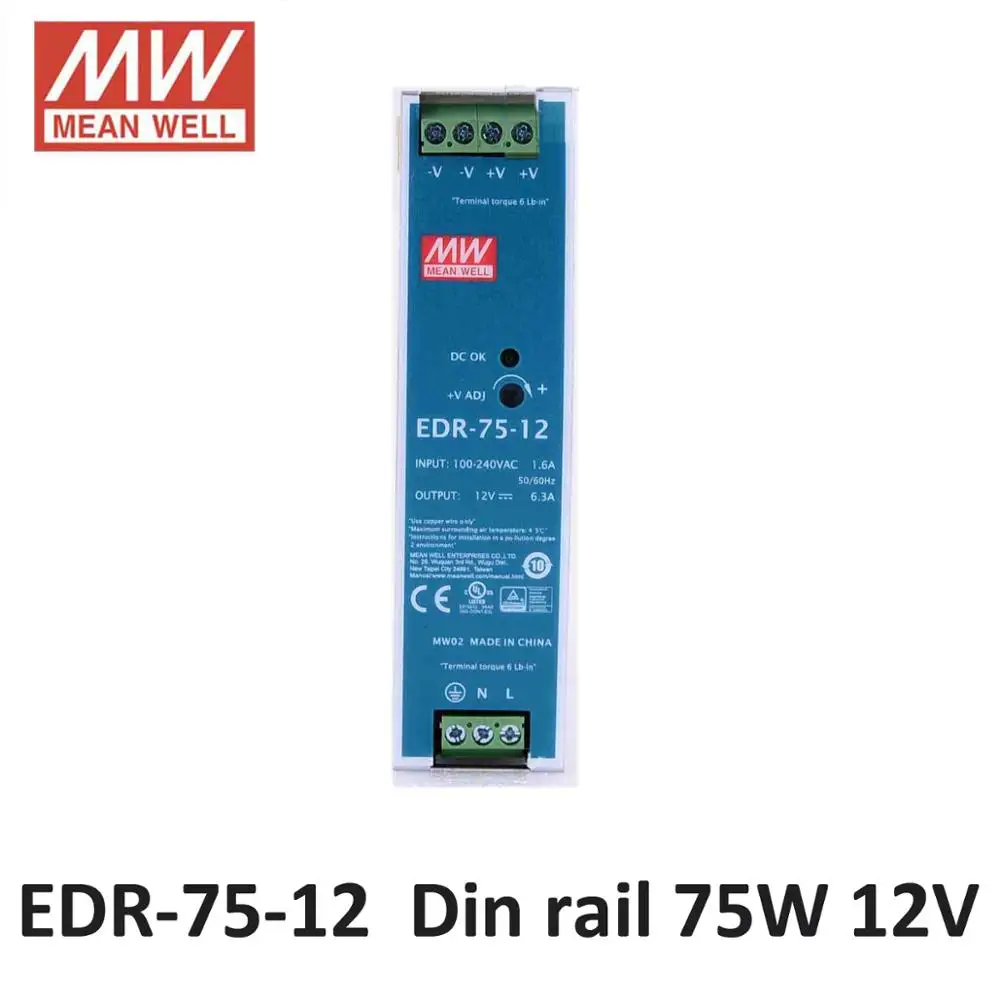 Mean Well EDR-75-24 AC/DC Mini size 75W 24V Industrial DIN Rail Power Supply 24V 12V 48V Meanwell Switching Power Supply Driver