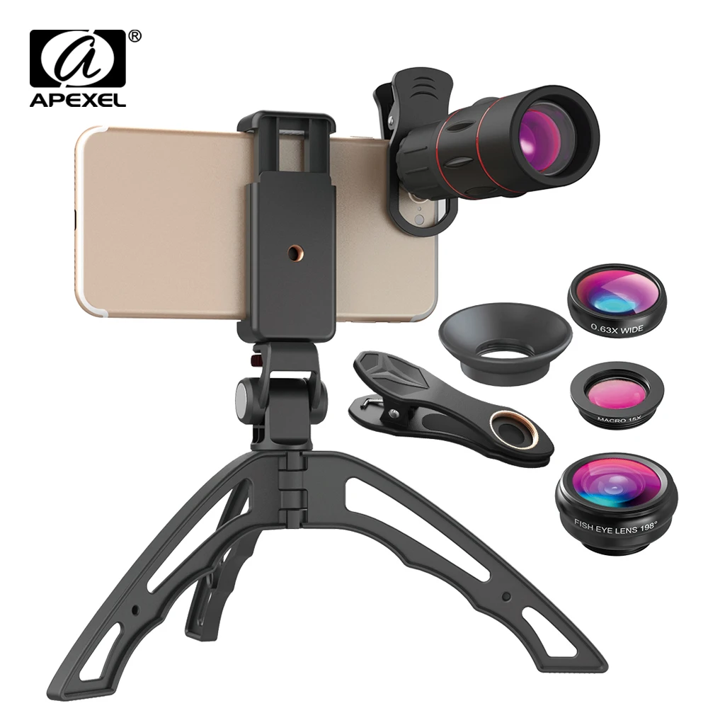 APEXEL HD 18X Telescope Phone Lens Monocular + 3in1 Fisheye Wide Macro Lens +Selfie Tripod With Bluetooth for iPhone Smartphones