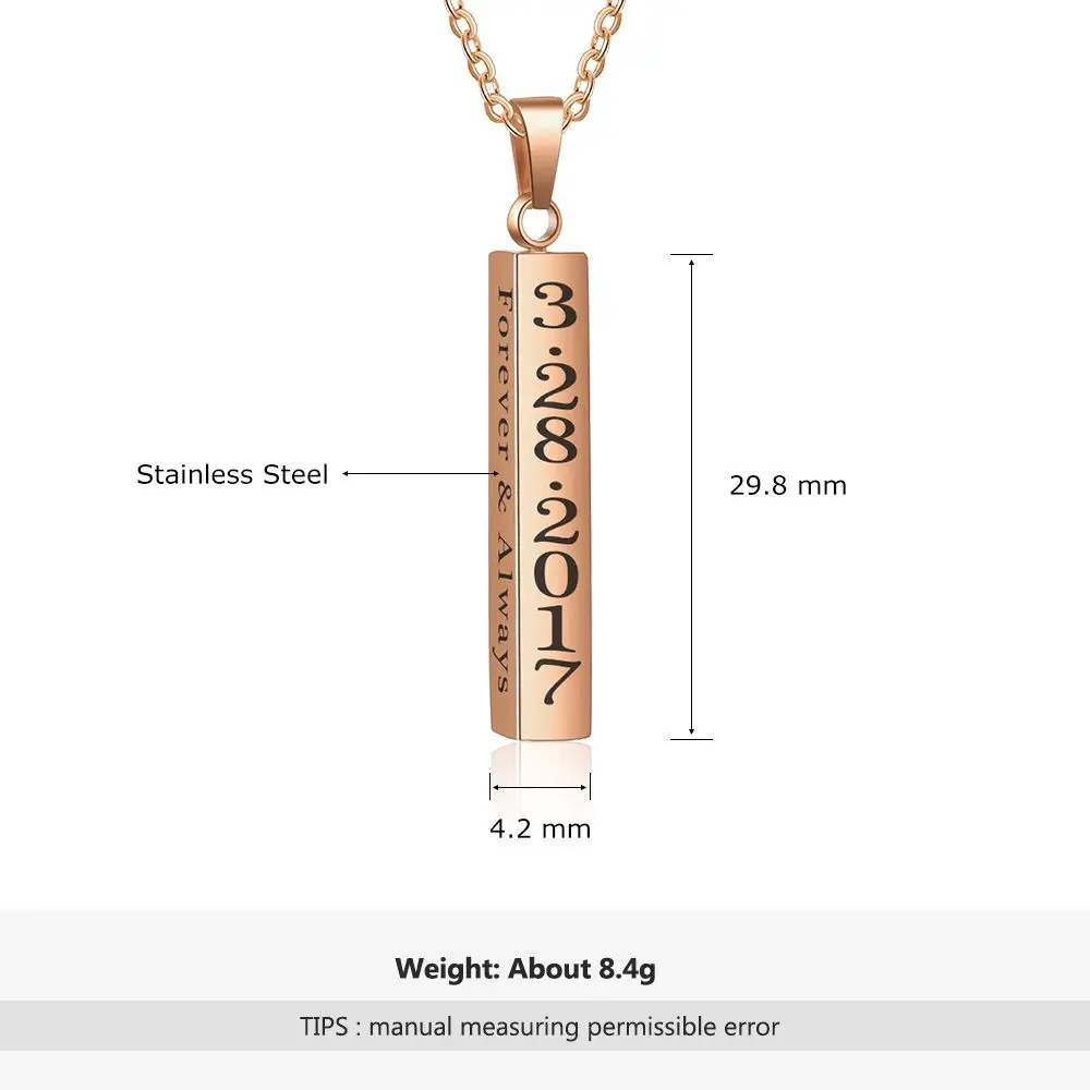 Personalized Engraved Name Date Necklaces for Women Unisex Stainless Steel Vertical Bar Necklaces & Pendants Gift for Father Mom