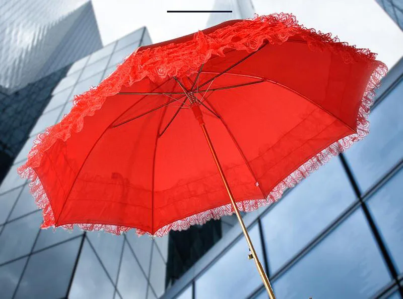 10pcs/lot Long Handle Red Color Wedding Umbrella Hem Lace Princess Lady Girl Rain Sunshade Umbrella Parasol ZA5233