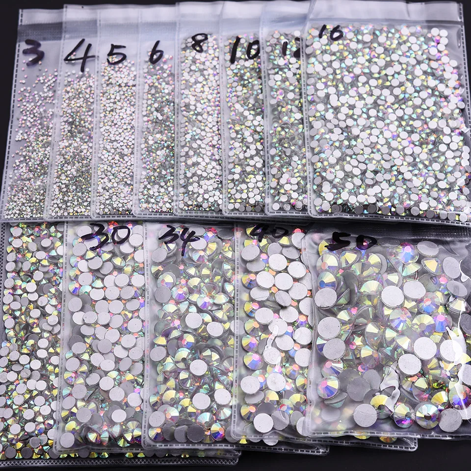 Super Glitter ss3-ss50 Crystal AB Flat Back Non HotFix Nail art Rhinestone 3D Glass Nail Art Decorations Garment Rhinestone