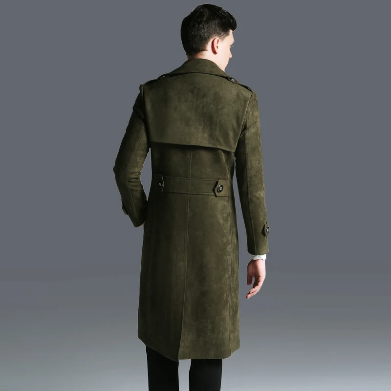 CHAOJUE Faux Long Suede Trench for man England Slim Fit Plus size 6XL Coat Fashion Army Green Overcoat Free Shipping