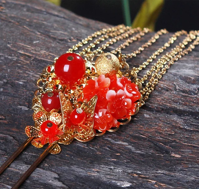 Red Resin Flower Beading Golden Hair Stick  Cosplay Hair Accessory Handmade Hair Comb for Hanfu Costume Accessory