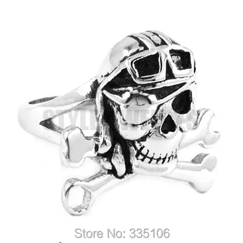 Wholesale Gothic One-Eyed Pirate Ring Stainless Steel Jewelry Spanner Pilots Skull Motor Biker Mens Ring SWR0342A