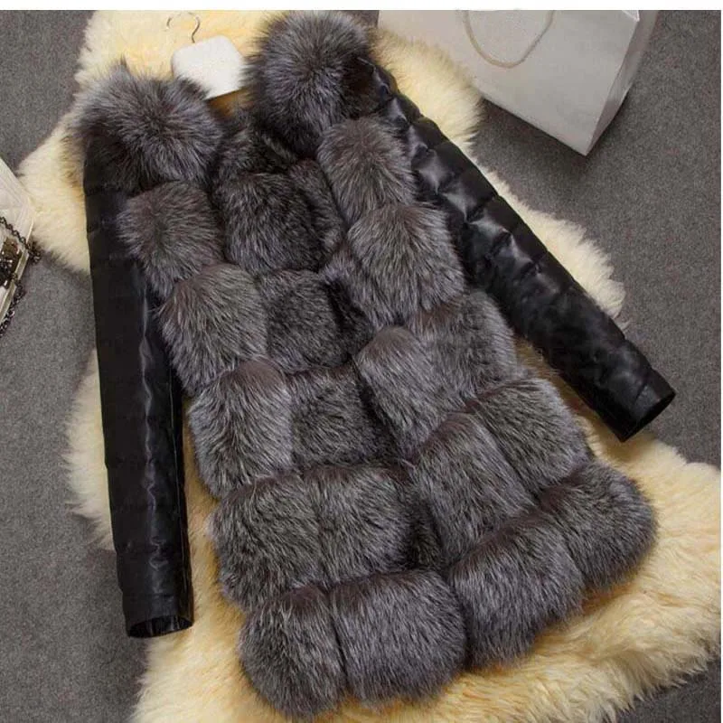 S-4XL Fashion Autumn Winter Coat Women Faux Fox Fur Coat with PU sleeve Female Fake Fur Jacket gilet chalecos de pelo mujer