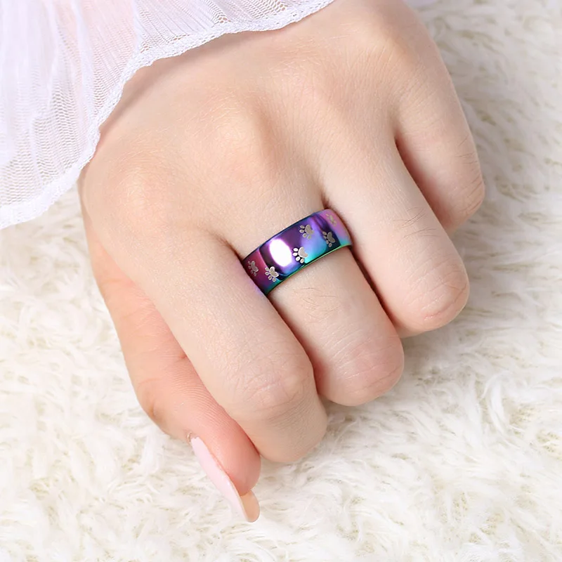 Cute Cat Dog Paw Ring Jewelry Width 8mm Stainless Steel Rainbow Rings for Men and Women Pet Animal Jewelry Lover Gift