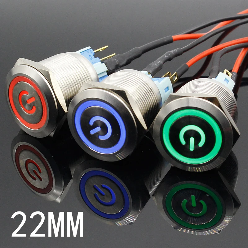 22mm Waterproof Latching Stainless Steel Metal Lamp LED Light Horn Power Push Button Switch Car Auto Engine Start PC 5V 12V 24V