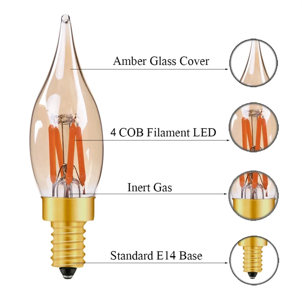 Ganriland-lâmpada led ajustável c22t, filamento de vela, cor dourada, 110v, 220v, 2w, 2200k, decoração, lustre