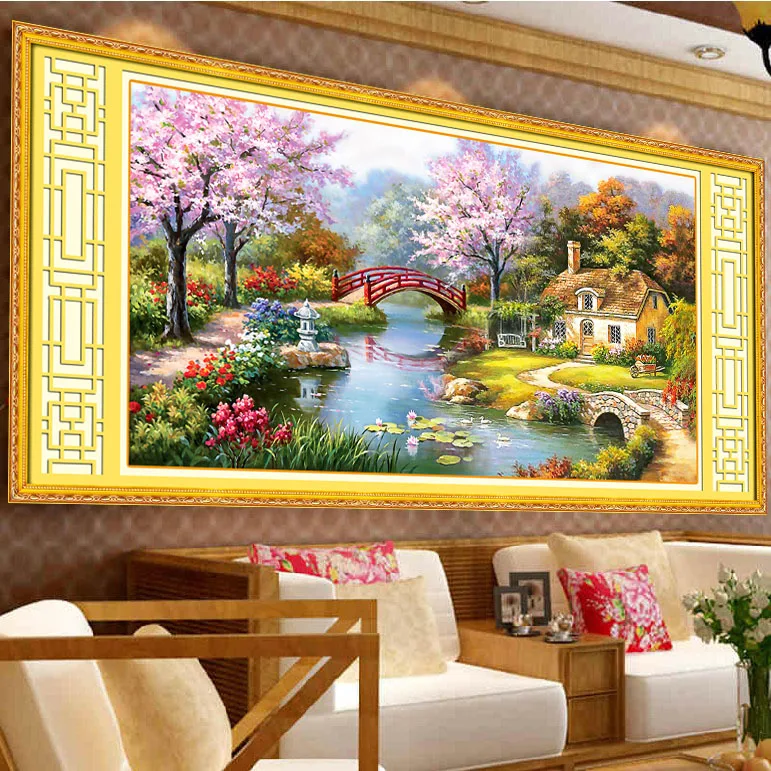 QIUSI 122cm Needlework,DIY landscape cross stitch, famous painting garden cabin chinese embroidery handwork craft gift