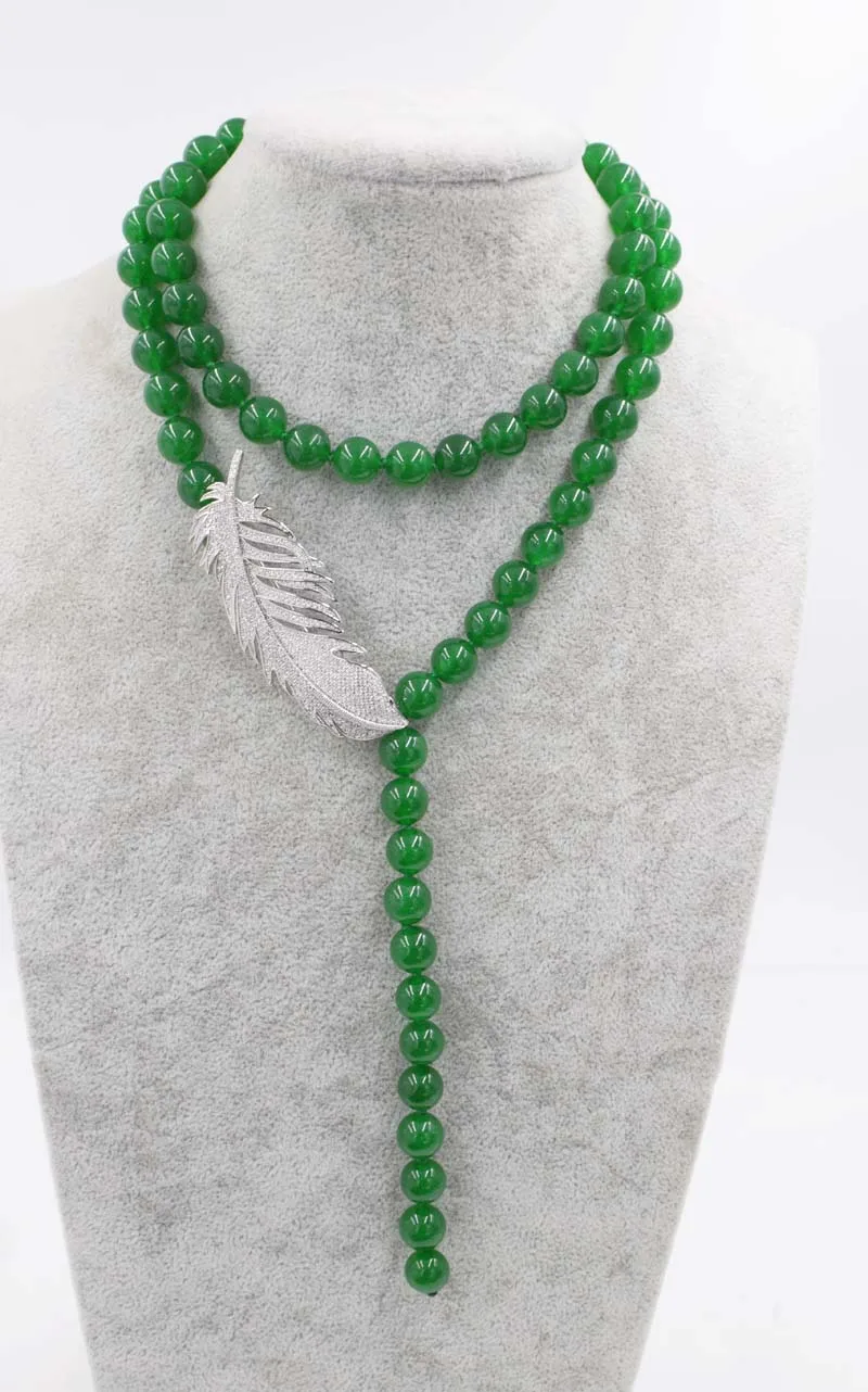 

green jade round 10mm +leaf pendant necklace 34inch wholesale beads nature FPPJ woman 2017