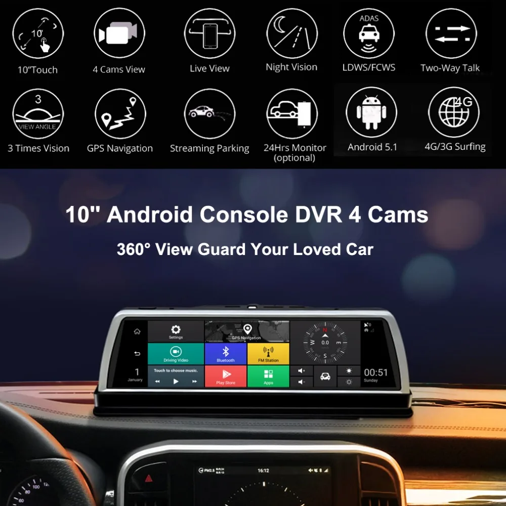 360-degree panoramic dashboard car dvr dash cam 4CH Cameras recorder 10